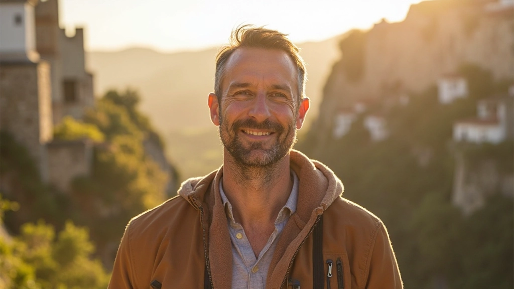 Viajante adulto profissional explorando paisagem portuguesa tradicional com confiança