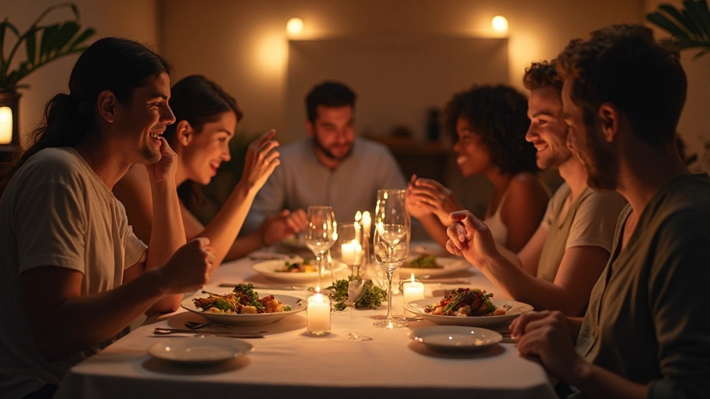 Viajantes diversos jantando juntos em mesa de restaurante tradicional português
