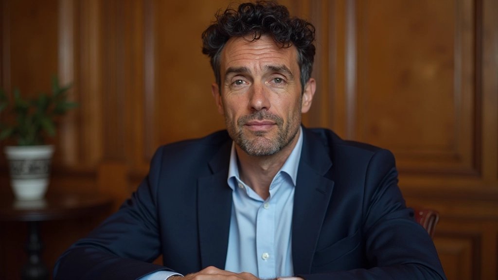 Foto de homem viajante de 38 anos com cabelo curto preto, blazer azul marinho, em escritório com painéis de madeira