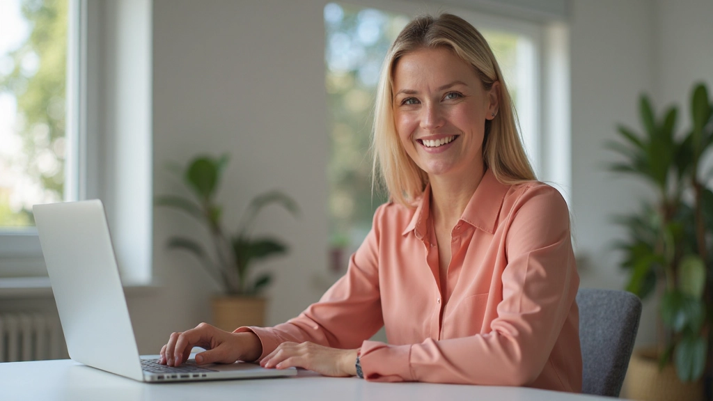 Foto de mulher viajante de 29 anos com cabelo loiro longo liso, blusa rosa salmão, em espaço de trabalho moderno