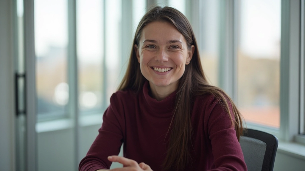 Foto de mulher viajante de 32 anos com cabelo longo castanho escuro, suéter bordeaux, em escritório moderno
