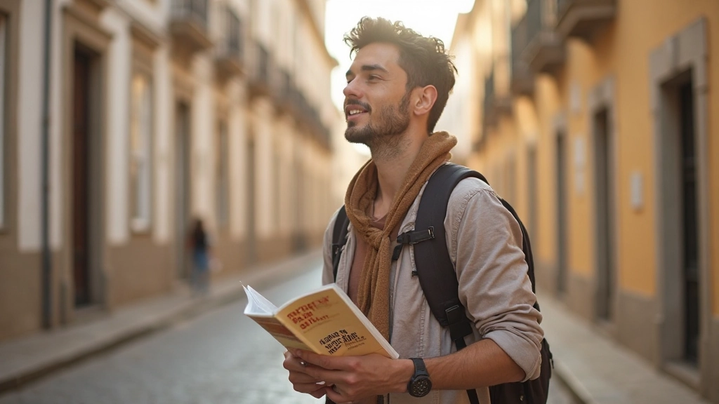 Viajante profissional consultando guia de viagem em rua europeia com arquitetura histórica portuguesa